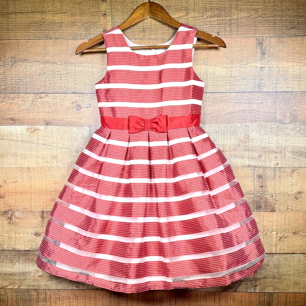 Jona Michelle Girls Red‎ White Striped Sleeveless Party Dress Bow Size 8 CO4255